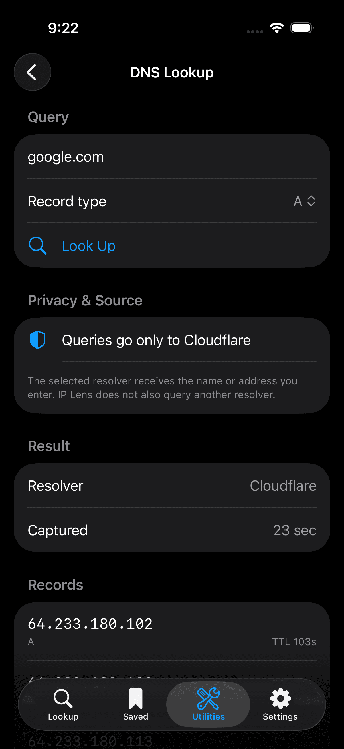 IP Lens DNS Lookup screen showing a Cloudflare query and returned A records