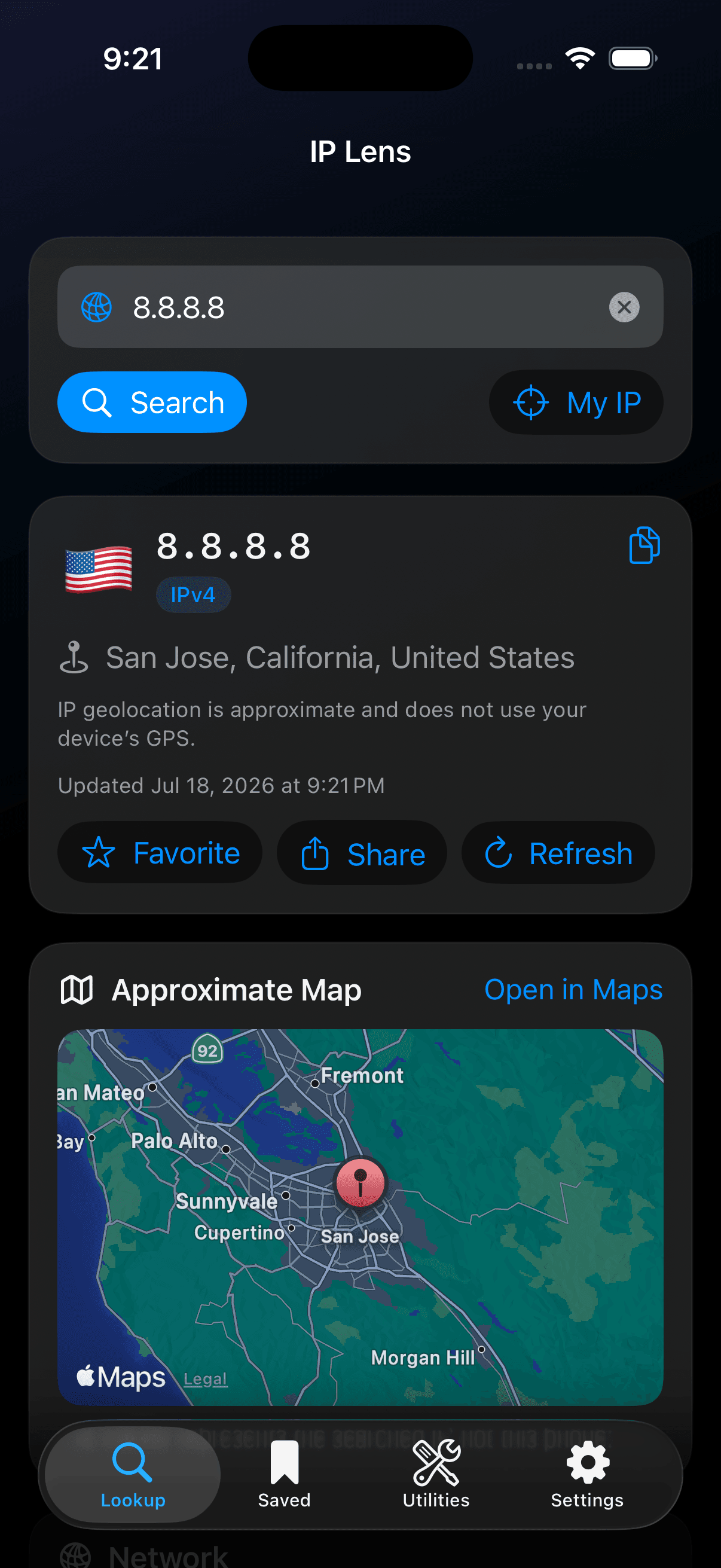 IP Lens IP Lookup screen showing an IPv4 result with approximate location and map
